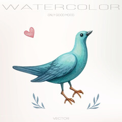 Watercolor illustration of a small happy blue bird in vector format.