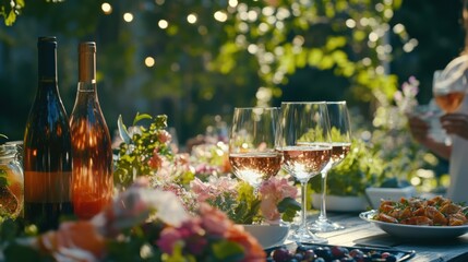 Alcohol consumption at a garden party with wine and appetizers. Featuring nature and celebration