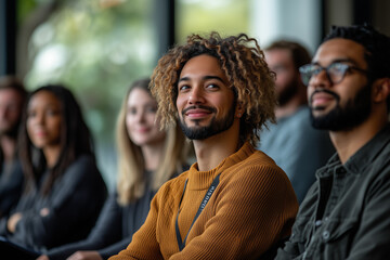 Diverse group of young professionals attending seminar, engaged audience, teamwork, leadership, career development, business conference, learning environment