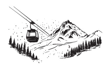Ski lift in the mountains on white, hand drawn.