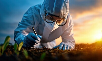Scientist in Protective Suit Collecting Soil Samples for Environmental Research