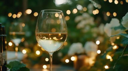 Alcohol consumption at a garden party with wine and fairy lights. Featuring elegance and nature