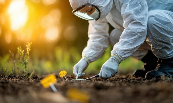 Scientist in Protective Suit Collecting Soil Samples for Environmental Research