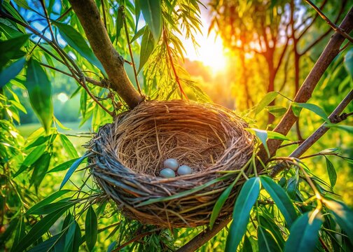 Solitary Blackbird Nest in Willow Tree - Springtime Bird's Nest Stock Photo
