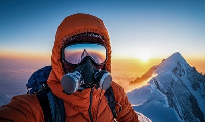 Extreme Mountaineer in Cold Weather Gear Reaching the Summit at Sunrise