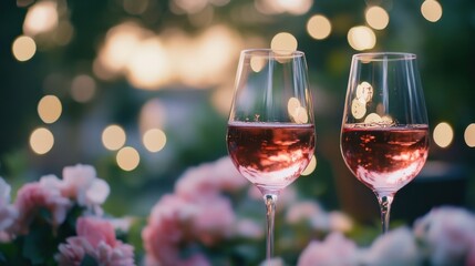 Alcohol consumption at a garden party with wine and fairy lights. Featuring elegance and nature