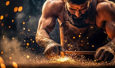 Traditional Blacksmith Forging Metal in Ancient Workshop with Sparks Flying