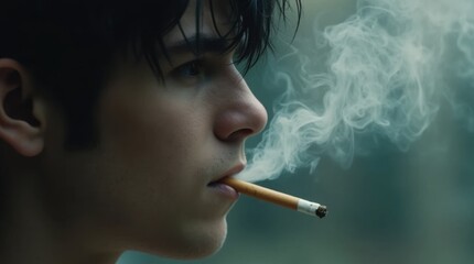 Young Man with Tousled Black Hair Smoking a Cigarette