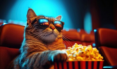 Gigantic Cat Adjusting 3D Glasses While Enjoying Movie with Popcorn in Theater