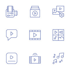 Multimedia icons set. Thin Line style, editable stroke. video editing app, live chat, video player, music, digital asset, multimedia, collection