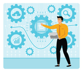 AI technology. Businessman using smart robotic AI through command prompts.