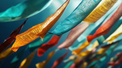 Colorful Fabric Banners Floating in the Air Against a Dark Background