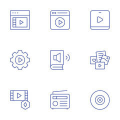 Multimedia icons set. Thin Line style, editable stroke. video, settings, music and multimedia, social media, play, audio book, radio