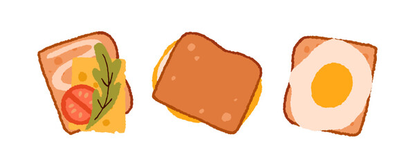Toasts, sandwich with fried egg, arugula, fresh tomato vegetable, cheese slice, sauce. Breakfast snack, vegetarian food. Morning meal set. Flat vector illustration isolated on white background