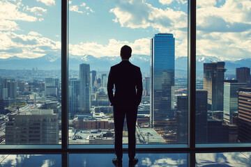 Fototapeta premium Businessman looking at the city skyline thinking about the future