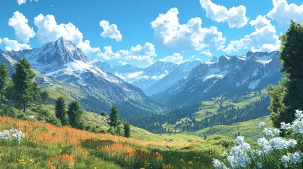 Obraz premium A picturesque landscape of rolling meadows, towering mountains, and a crystal-clear blue sky.