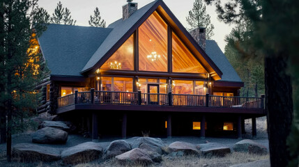 Mountain retreat: cozy wooden lodge illuminated at twilight