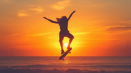 Fototapeta premium silhouette of a skateboarder performing an ollie at sunset