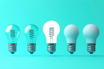 energy-saving light bulb and other  ordinary bulbs on green background.  innovation and energy efficiency. eco-friendly lamp design