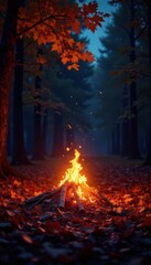 Obraz premium Bright orange embers glow in the dark autumn night , trees, november