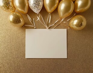 Elegant golden balloons framing a blank card on a sparkling gold background.