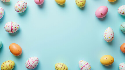 Colorful pattern composition of multicolored Easter eggs on light blue background. Minimal Easter concept. Creative festive spring holiday background. Easter aesthetics.