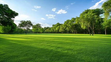 Fototapeta premium Beautiful green lawn in the park with trees and a blue sky background