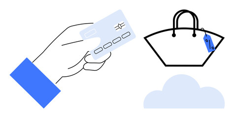 Hand holding a credit card towards a handbag with a price tag and a cloud motif. Ideal for online shopping, e-commerce, digital payments, retail sales, finance management, cloud technology, fintech