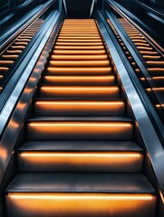 Modern escalator with illuminated steps leading upwards in a contemporary setting showcasing design and technology, urban lifestyle concept