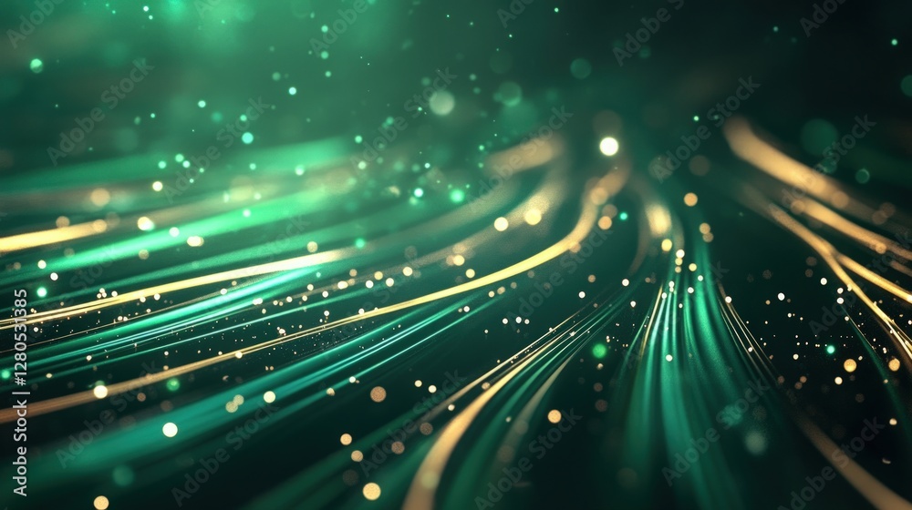 Fototapete abstract green and gold flowing lines with soft bokeh effect