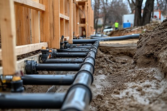 Construction site featuring black pipes laid in the ground alongside wooden framework for a building project, showcasing plumbing installation concept