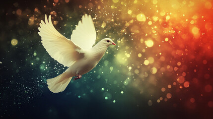 Dove soaring gracefully among colorful lights, embodying peace and spirituality in a serene atmosphere