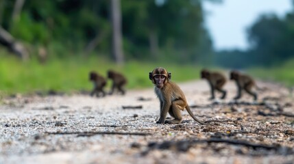 Monkeys on forest road, wildlife, nature