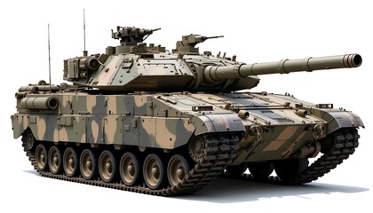 Camouflaged Military Tank on White Background Close Up for Military Concepts Generative AI