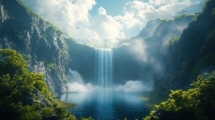 Fototapeta premium Majestic Waterfall Cascading Into Tranquil Lake Surrounded by Nature