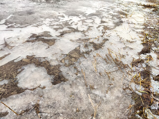 Natural textures of frozen ground with cracked ice and remnants of grass visible in a rural landscape