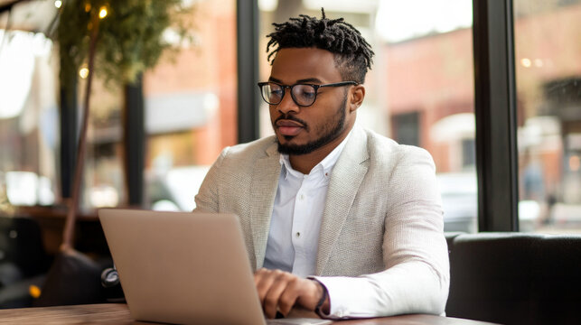Professional individual focused on work in a bustling cafe setting during a sunny afternoon