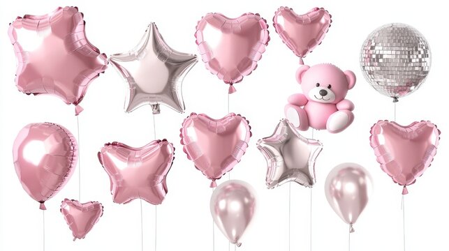 Pink and silver balloons with teddy bear and disco ball brighten celebrations