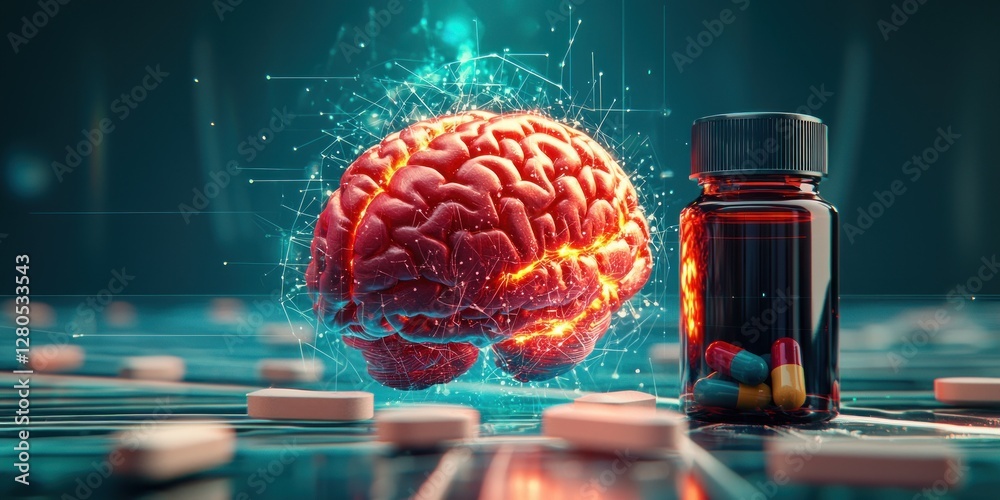 Poster brain with glowing neural connections and pill bottle on table