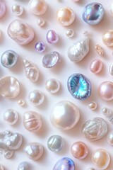 Assorted pearls and shells on white background: nature?s iridescent beauty