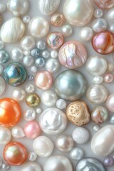 Assorted pearls in vibrant colors and varied sizes on white background