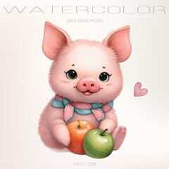 Watercolor illustration of a small happy piglet in vector format