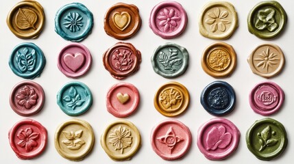 Colorful wax seal collection featuring floral and heart designs on white background