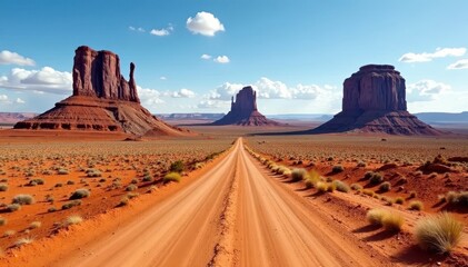 Naklejka premium Empty dirt road cuts through vast Monument Valley, sandstone buttes loom , tracks, desert, landscape