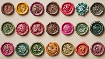 Colorful wax seals with nature motifs in various shapes and designs on neutral background