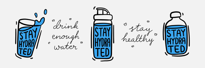 Stay hydrated hand drawn style illustration set