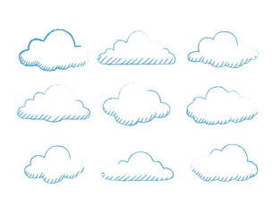 Nine different sketch clouds doodle collection. Sky background elements