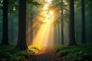 Morning light filtering through a forest canopy, trees, morning in the forest, tree tops