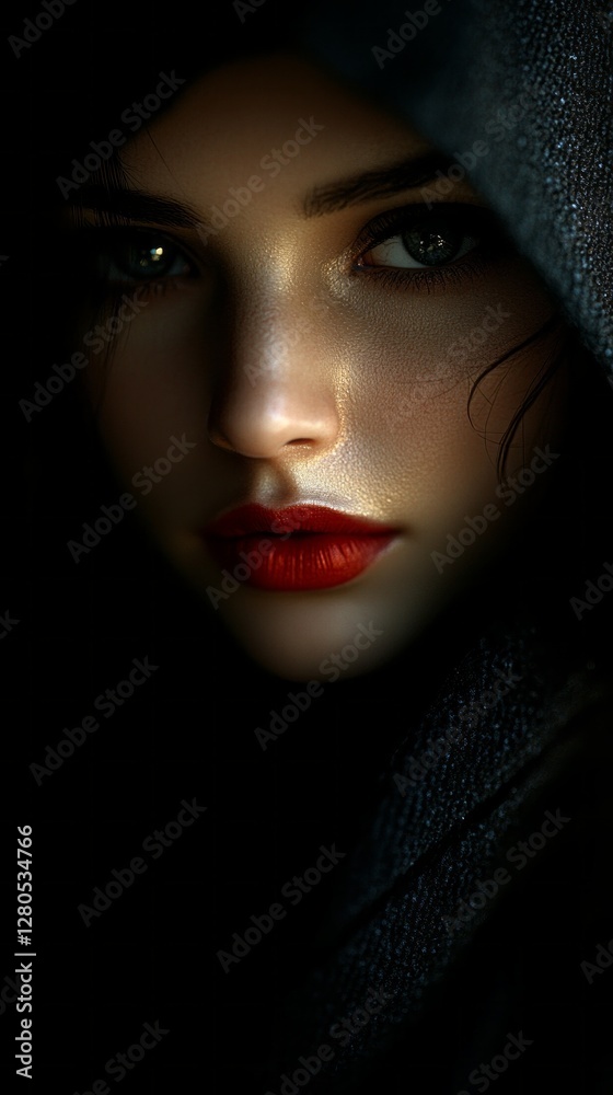 Poster in a dimly lit setting, a captivating woman with striking red lipstick gazes enigmatically, her face