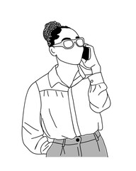 Black Businesswoman talking by phone. Yong woman with afro hairstyle using mobile phone. Simple hand drawn vector illustration isolated